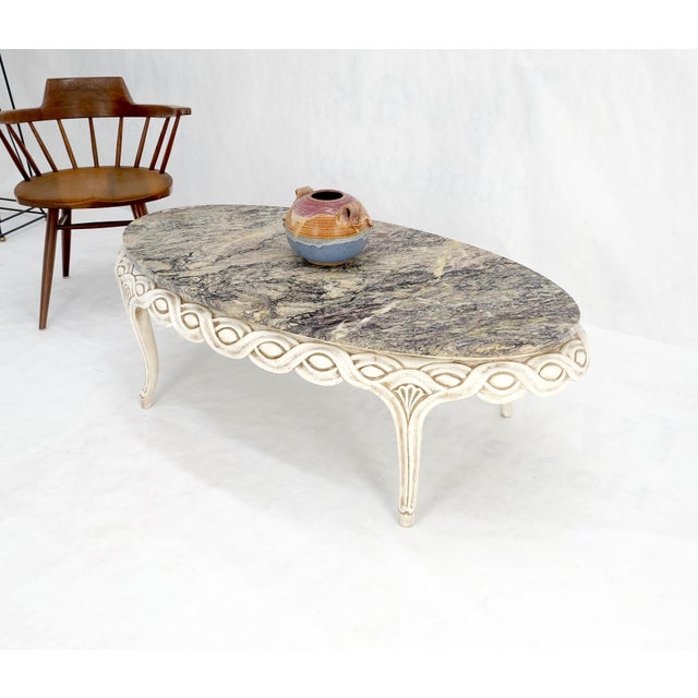 Cream Braided Bezel Oval Marble Top White Pickle Finish French Provincial Coffee Table For Sale - Image 8 of 9