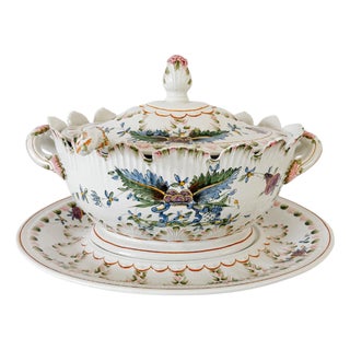 Large Vintage Italian Majolica Porcelain Soup Tureen Set With Platter & Ladle For Sale