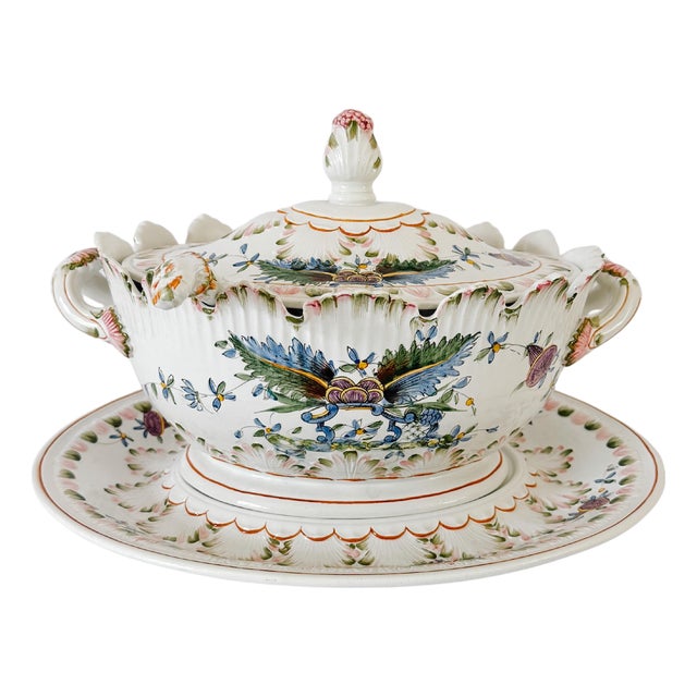 Large Vintage Italian Majolica Porcelain Soup Tureen Set With Platter & Ladle For Sale