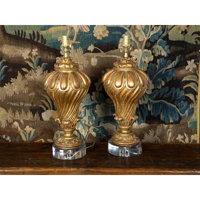 Italian 19th Century Italian Carved Giltwood Fragments Made into Lamps on Lucite - a Pair For Sale - Image 3 of 10