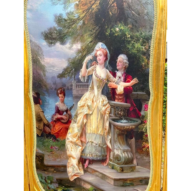 20thC French Louis XVI Gold Beech Scenic Room Divider Screen - 3 Panels For Sale - Image 9 of 18
