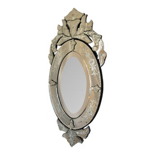 1930s Venetian Mirror Oval Shape With Etched Detailing For Sale