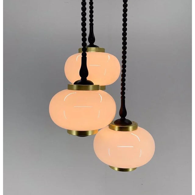 Mid-Century Wood, Milk Glass & Brass Cascade Chandelier, Poland, 1970s For Sale - Image 12 of 13