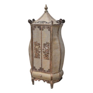 Unusual 20th Century Chinoiserie Pagoda Top Bombe Form Cane 2-Door Storage Cabinet For Sale