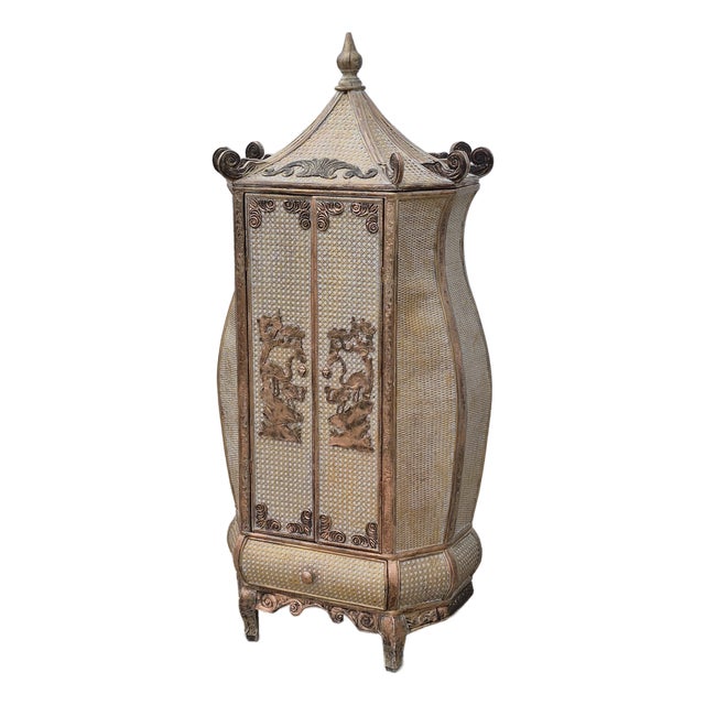 Unusual 20th Century Chinoiserie Pagoda Top Bombe Form Cane 2-Door Storage Cabinet For Sale