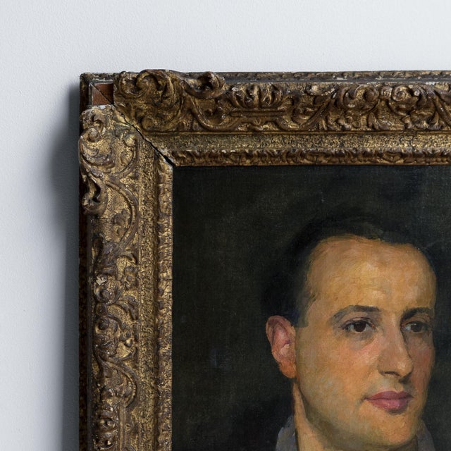 Blue Captivating Portrait of a Man in an Open Shirt, Original Antique Oil Painting, Early 20th Century For Sale - Image 8 of 11