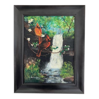 Vintage Cardinal Landscape Painting by Lou Kelley For Sale