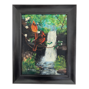 Vintage Cardinal Landscape Painting by Lou Kelley