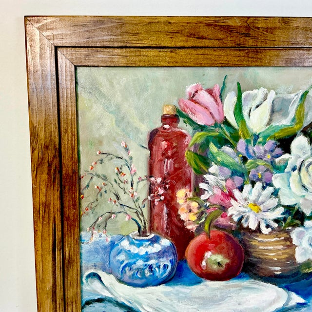 1960s Original Oil Painting Impressionist Red Bottle & Flora Still Life by Edith Weir For Sale - Image 4 of 13