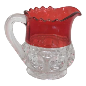 Us Glass Kings Crown Thumbprint Saw Tooth Cranberry Ruby and Clear Creamer