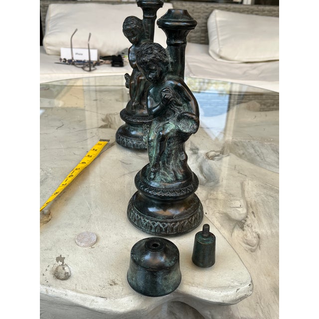 Vintage French Style Patinated Brass and Bronze Figural Cherub Putti Candlesticks - A Pair For Sale - Image 12 of 13
