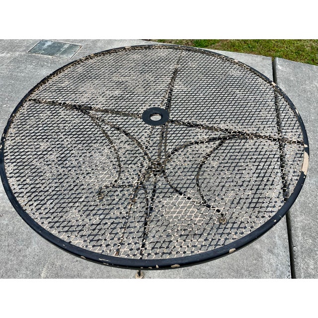 Mid 20th Century Mid 20th Century Round Wrought Iron Table W/Umbrella Hole Mesh Top Salterini Woodard Style Outdoor For Sale - Image 5 of 11