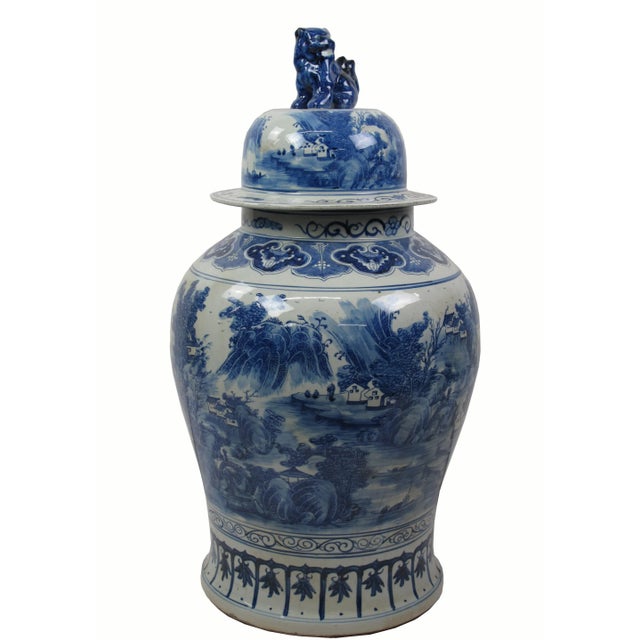Chinese Large Chinese Blue & White Porcelain Ginger Jar With Foo Dog Lid For Sale - Image 3 of 13