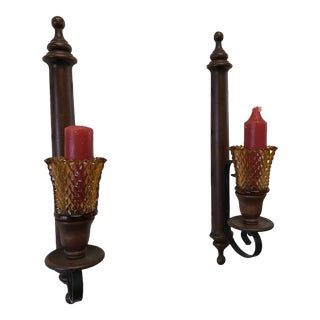1960 Wood Wall Sconces With Amber Glass Inserts- Pair For Sale