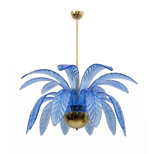 Mid-Century Modern Palm Leaves Chandelier in Light Blue Murano Glass and Brass, 1970 For Sale - Image 4 of 9