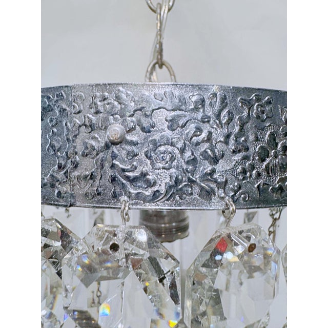 Metal Vintage Basket Chandelier With Textured Chrome and Crystal Chain For Sale - Image 7 of 9