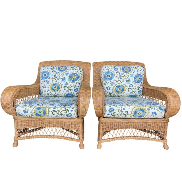 Contemporary Vintage Henry Link for Lexington Woven Rattan and Wicker Lounge Armchairs With Floral Upholstery | Pair For Sale - Image 3 of 14