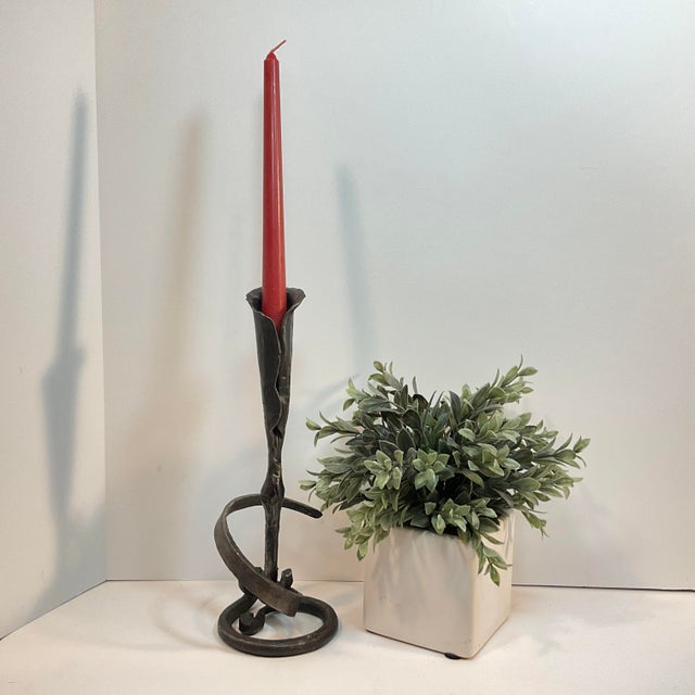 Hand Wrought Iron Candle Holder in the Style of Jack Brubaker 12” Post modern brutalist calla lily hand wrought iron...