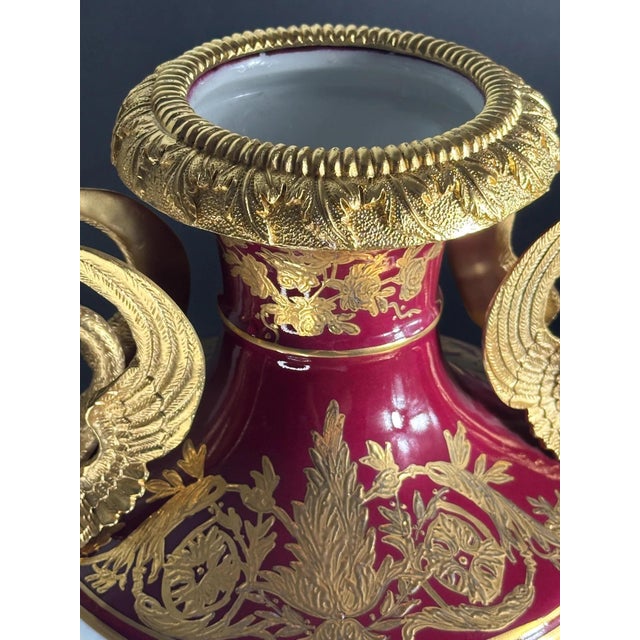 Vintage French Rococo Style Hand-Painted Porcelain Vase with Swan Handles and Gilded Details from Retier, 1920s For Sale - Image 6 of 11