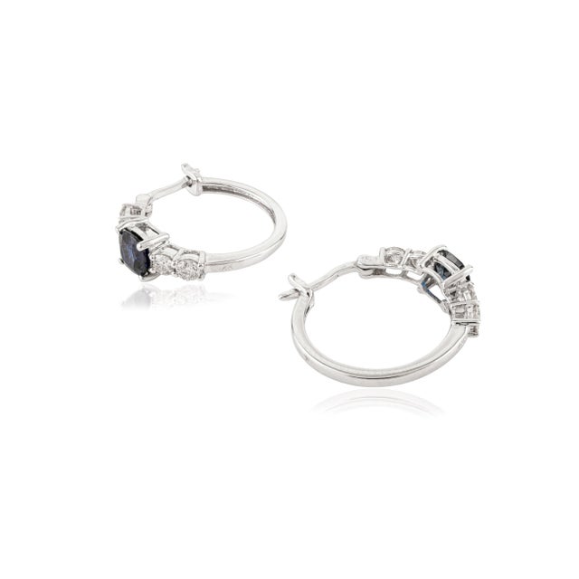 Metal Everyday 1.26 Ct Sapphire & Diamond Huggie Hoop Earrings Gift in 14k White Gold For Sale - Image 7 of 12