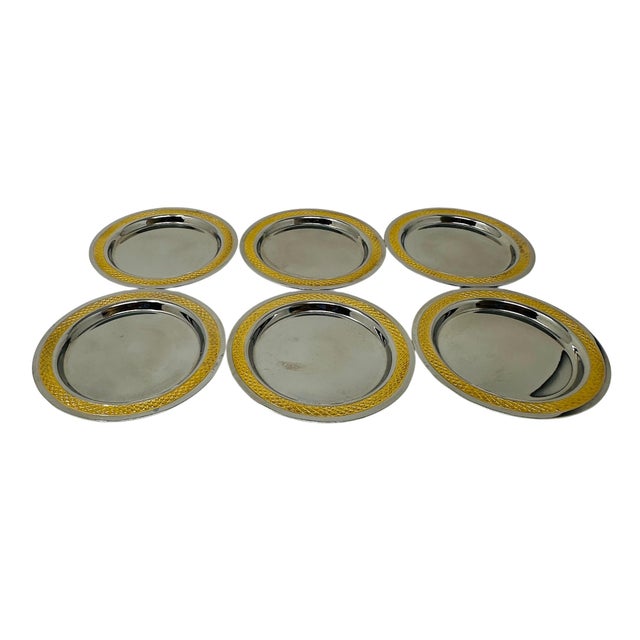 Mid-Century Modern Rarest Paul Wirths Toledo Gold Coasters Set 6, 24k Gold Relief Mirror Stainless Steel, Museum Quality Solingen Germany MCM Barware Survivor For Sale - Image 3 of 12
