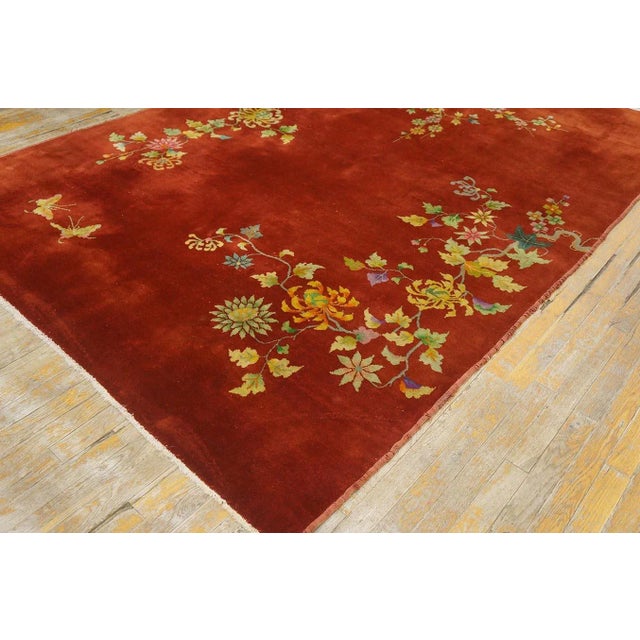 1930s Ruby Red Floral Antique Chinese Art Deco Carpet 6' X 8' 6'' Knotted Pile Wool Rug For Sale - Image 4 of 11