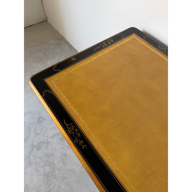 Vintage Baker Furniture Chinoiserie Desk Table With Leather on Top & Brass Handles For Sale - Image 16 of 18