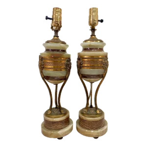 Antique French Empire Style Brass and Marble Table Lamps - a Pair