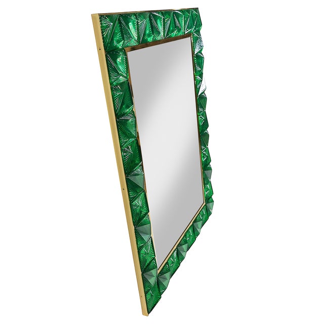 Italian handmade rectangle wall mirror. The brass frame is decorated with handmade Murano glass in emerald green color....