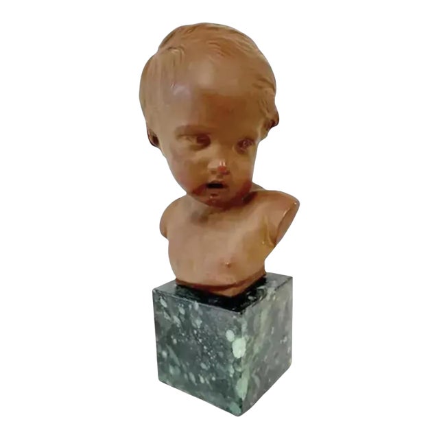 Vintage French Terracotta Bust of a Child on Marble Plinth For Sale