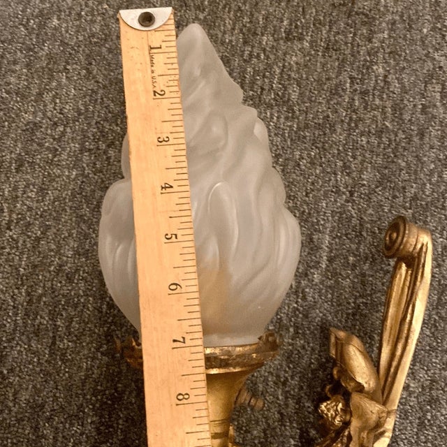 Mid 20th Century Maison Arlus Bronze Sconce Hand Holding Torch & Flame Glass Shade For Sale In Pittsburgh - Image 6 of 14