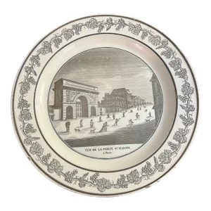 A Antique French Creamware Plate With Black Transfer Decoration, "Vue De La Porte St. Martin", Circa 1800