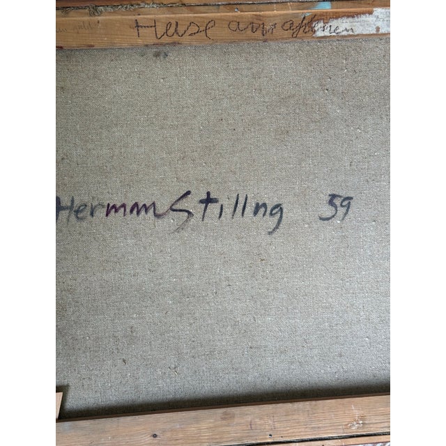 Brick Red Herman Stilling “Buildings at Dawn” 1959 Framed Oil on Canvas Painting For Sale - Image 8 of 9