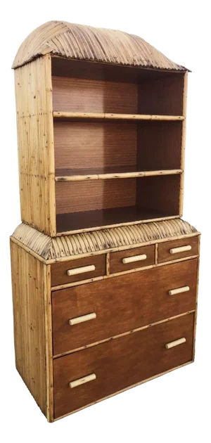 1930s Restored Rare Art Deco Waterfall Rattan & Mahogany Dresser/Bookcase Hutch