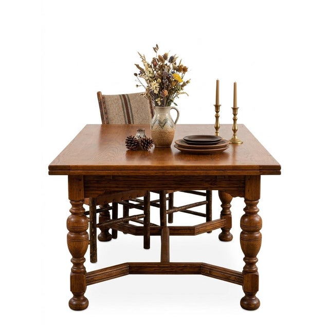Professionally Restored 1930s Jacobean Revival (William and Mary Style) Solid Oak Draw-Leaf Dining Table For Sale - Image 11 of 12