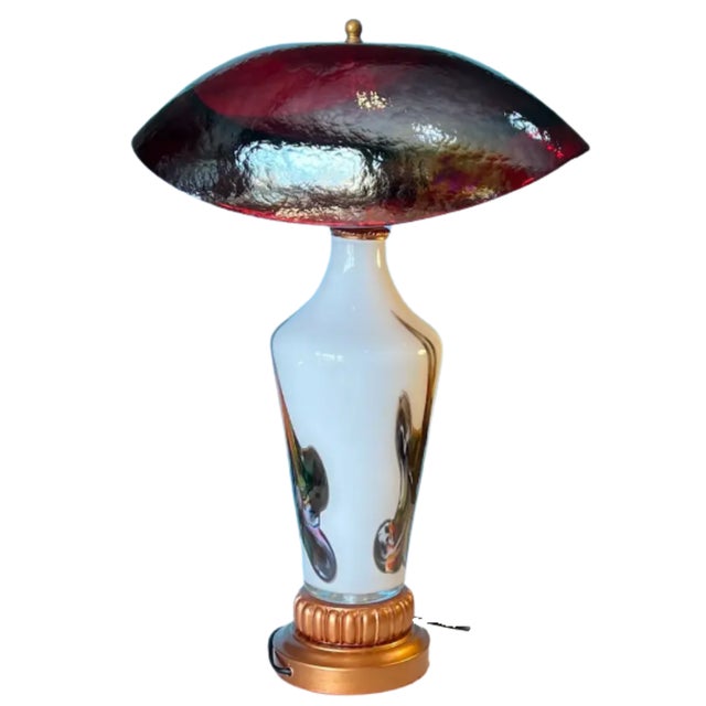 Metal Murano Oval Art Glass Wine Colored Mushroom Abstract Table Lamp For Sale - Image 7 of 18