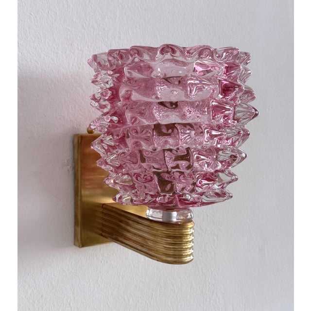 Italian Art Deco Brass and Pink Rostrato Murano Glass Wall Sconces, 1990s, Set of 2 For Sale - Image 6 of 13