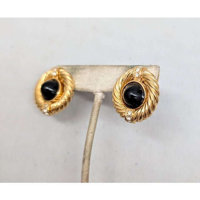 Modern Vintage 1980s Signed Givenchy Goldtone Faux-Onyx Cabochon Pierced Earrings-2 Pieces For Sale - Image 3 of 7