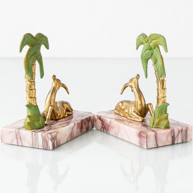 Art Deco Marble Gazelle & Palm Bookends, Set of 2 For Sale - Image 6 of 10
