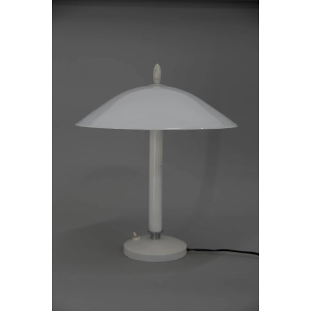 White metal base and opaline glass shade. Minor loses on white lacquer. Glass without any damage. Rewired: 1x60W, E25-E27...
