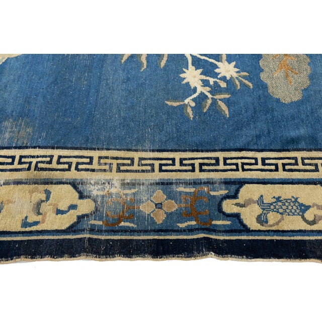 Blue Antique Chinese Peking Art Deco Wool Rug in Indigo Blue and Cream, Circa 1920s For Sale - Image 8 of 12