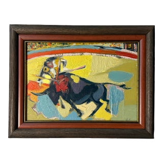 Petite Mid Century Abstract Bull Fighting Painting For Sale