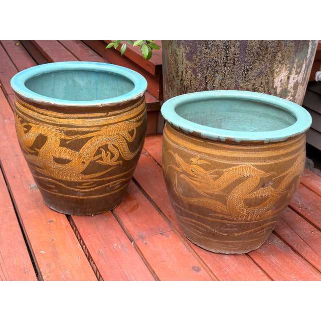 Large Chinese Glazed Terracotta Earthenware Planter Set Decorated With Dragons Egg Pots For Sale In Seattle - Image 6 of 18
