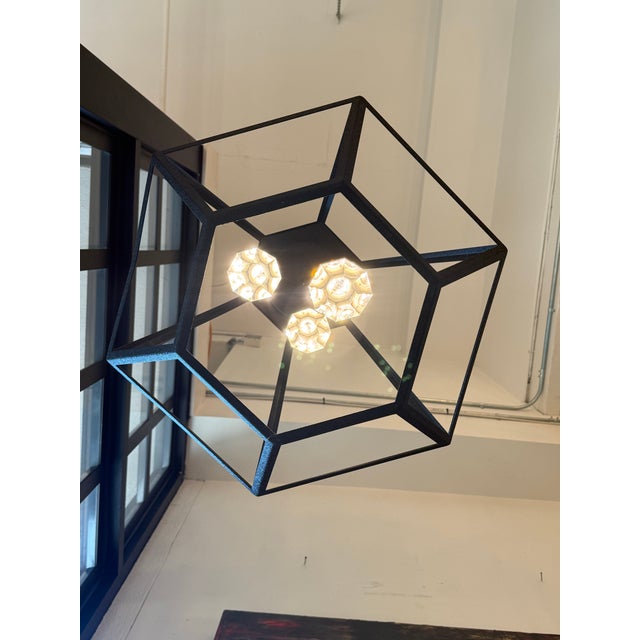 Contemporary Faceted Geometric Lantern Shape Three Light Pendant For Sale - Image 12 of 12
