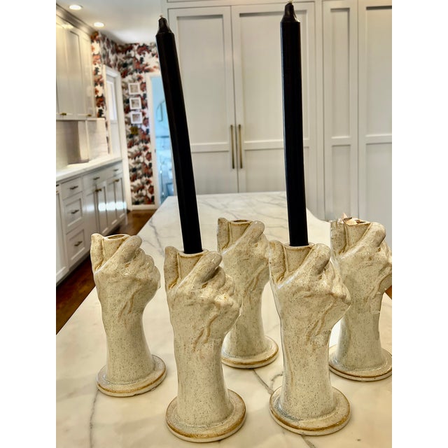Gray Sculpted Hand Mold Contemporary Candle Stick, Taper Holder For Sale - Image 4 of 9