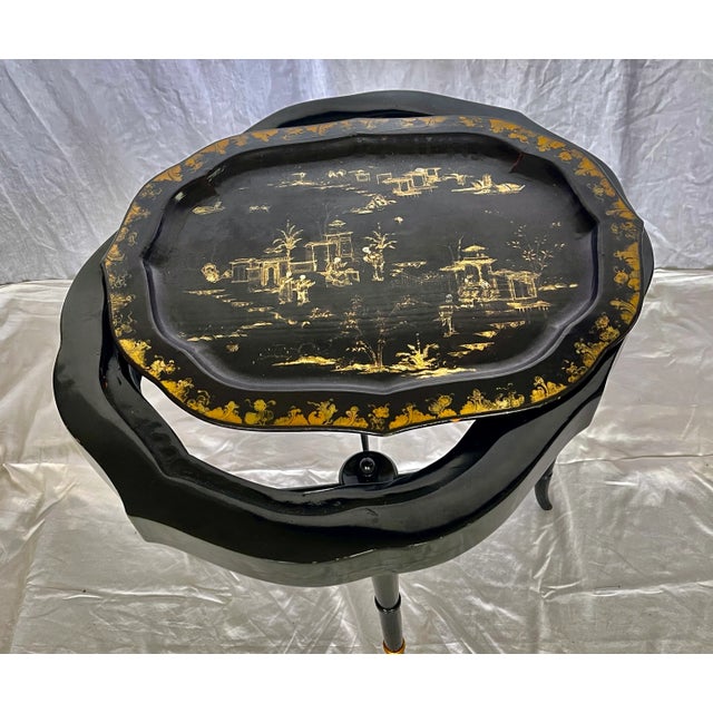 French Antique Papier Mache Large Serving Tray on Stand, C1880 For Sale - Image 4 of 14