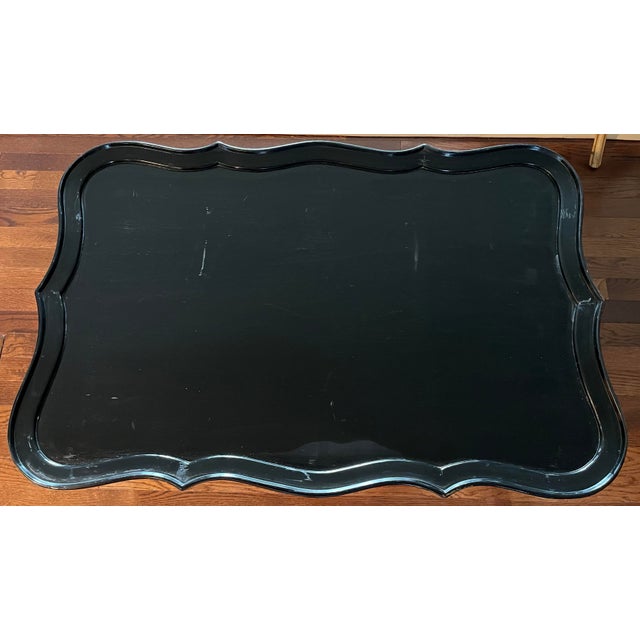 Mid-Century Regency Black and Gold Faux Bamboo Serpentine Coffee Table With Removable Chinoiserie Tr For Sale - Image 11 of 12