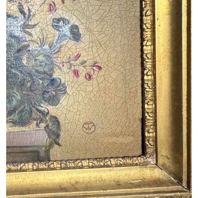 Early 20th Century Antique Oil Painting Floral Still Life Roses Flowers Monogrammed Gilt Frame For Sale - Image 5 of 10