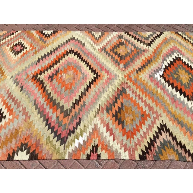 Mid-Century Modern Vintage Diamond Design Turkish Kilim Rug - 68" X 116.5" For Sale - Image 3 of 11