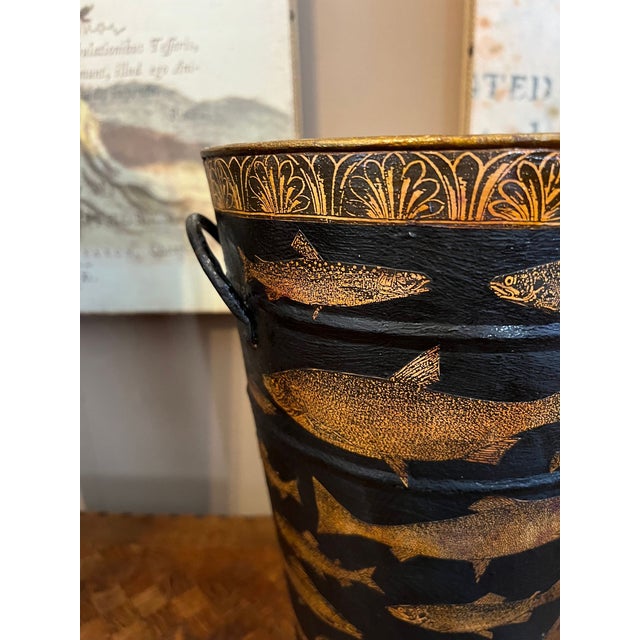 Late 20th Century Vintage English Planter Jardiniere Urn Fish Decoupage Black Tole Lodge Décor For Sale - Image 5 of 18